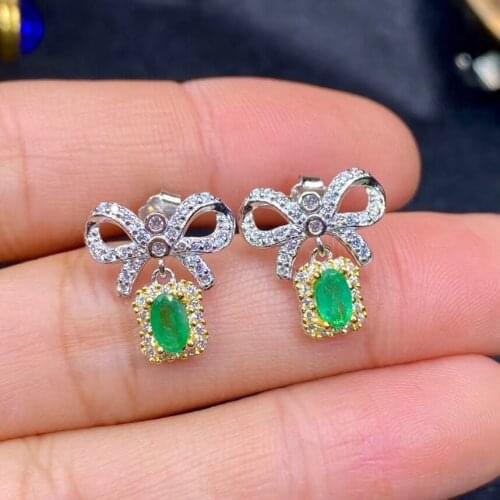 Natural green Emerald stud earrings 925 silver Natural gemstone earring luxurious fashion bow square woman party gift jewelry