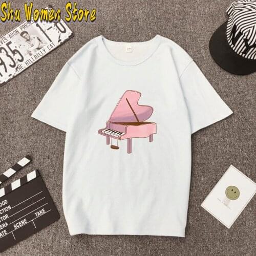 Womens T-shirt 2021 Fashion Pink Piano Printed Short Sleeve Tshirts Summer Casual Tops Tees
