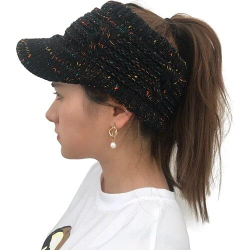 Ponytail Beanie Hat for Women Crochet Slouchy Beanie Knitted Caps with Visor