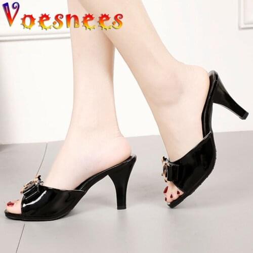 Metal Rhinestones Butterfly-Knot Women Shoes Korean Style New Shallow Mouth Slippers Solid Color Thin High Heels Outdoor Sandals