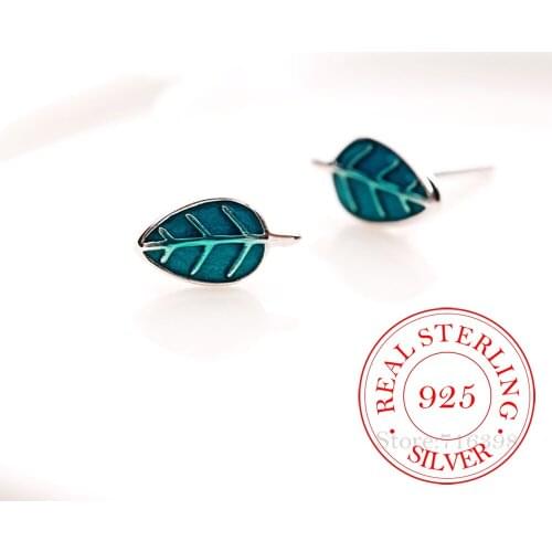 100% 925 Sterling Silver Enamel Leaf Stud Earrings For Women Girls Kids Party Gift Pendientes Brincos Prevent allergy Jewelry