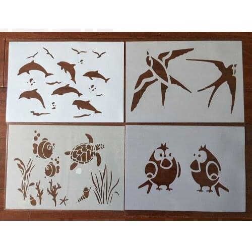4pcs / set A4 Dolphin bird turtle turtle swallow animal Stencils Painting Coloring Embossing Scrapbook Album Decorative Template