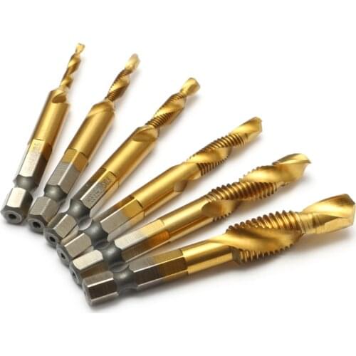 6Pcs M3-M10 Hex Shank Titanium Plated HSS Screw Thread Metric Tap Drill Bits