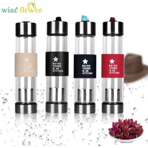 Wind Flower 450ML Airtight Borosilicate Glass Drinking Water Bottles With Stainless Steel Tea Infuser Filter