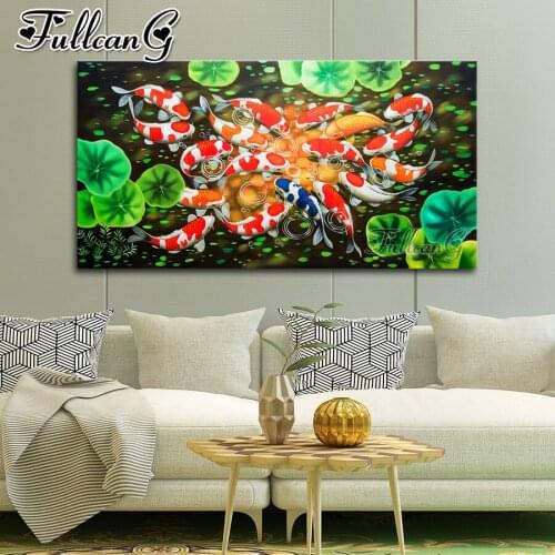 FULLCANG Good luck carp lotus large diamond painting 5d diy full square round mosaic embroidery kit wall decoration FC3685