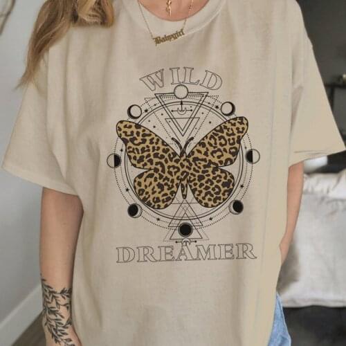 Boho Style Oversized Womens T-shirt Vintage Leopard Butterfly Aesthetic T Shirt Female Celestial Graphic Tees Tops Witch Shirt