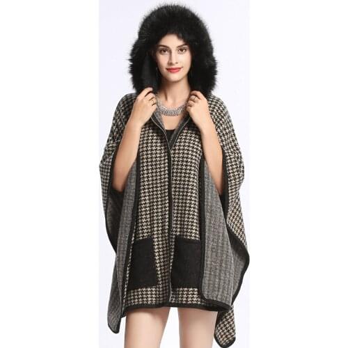 Classic black houndstooth pocket shawl hat hair leader fur coat fox fur size code best selling shawl ladies scarf Femme Poncho