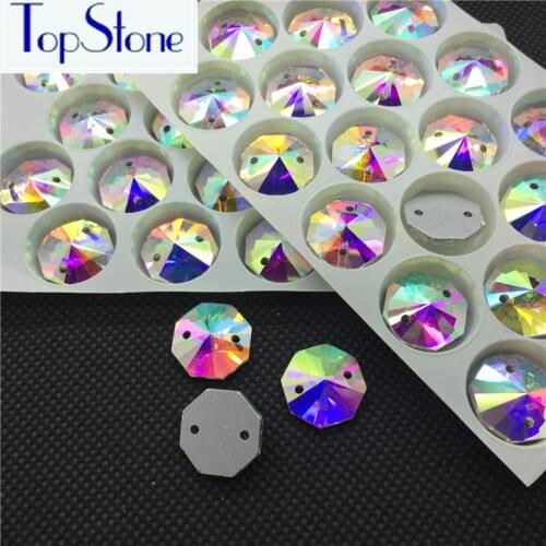 Crystal Clear AB Color Glass Octagon Round Shape Sew On Rhinestones 10mm,12mm,14mm,16mm,18mm Sewing Crystal Stones Dress Making