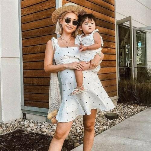 Summer Women Girls Dress Mother and Daughter Polka Dot Sundress Family Matching Clothes Sleeveless Strap Lace-up Mini Dress