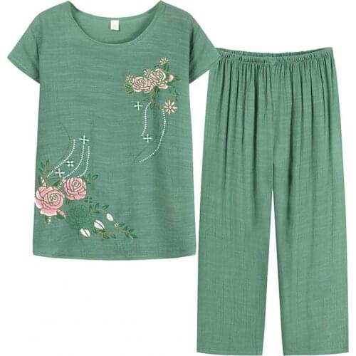 Summer Women Suits Mother Homewear Set Short Sleeve Floral Print T-shirt Pants Loose Two Pieces Set Outfit for Middle-aged Lady
