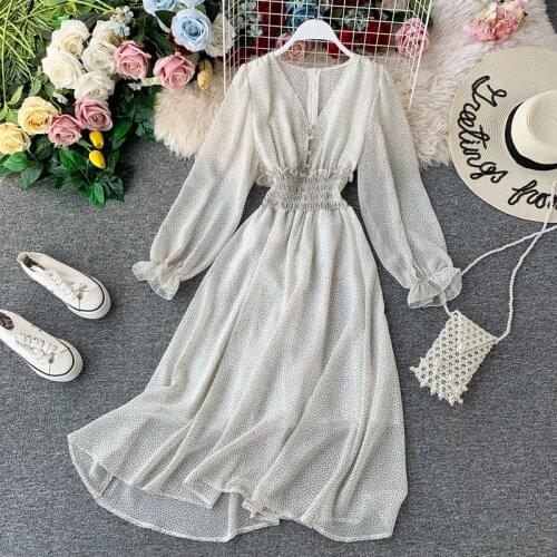 New Women Dress French style super long waist wave dot chiffon dress super long Dress