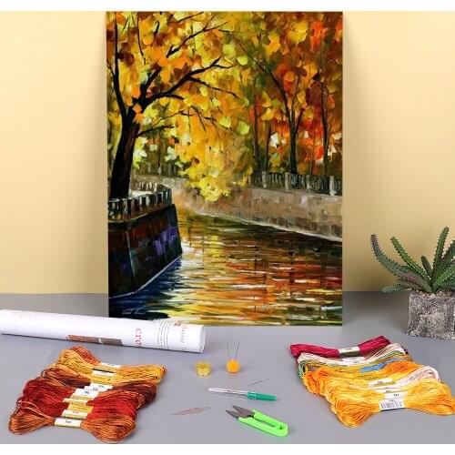 Autumn Canal Printed Fabric 11CT Cross Stitch Patterns Embroidery DMC Threads Hobby Knitting Painting Sewing Wholesale Needle