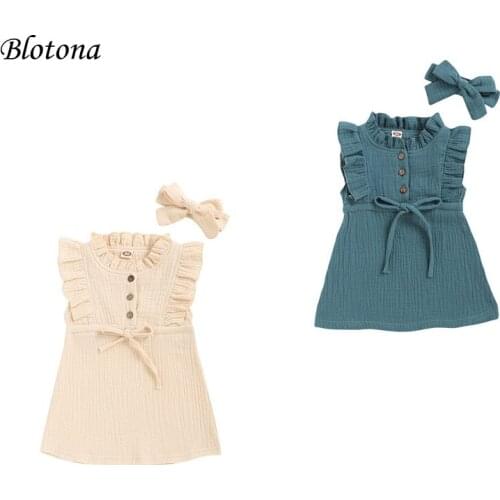 Blotona Infant Newborn Girls Ruffles Vest Style Dress and Headband Fashion Solid Color Button Bow A-line Princess Dress 6M-4Y