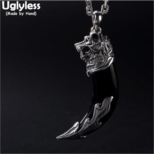 Uglyless Real Solid 990 Pure Silver Handmade Wolf Pendants for Men Cool Steam Punk Fine Jewelry Chalcedony Necklaces NO Chains