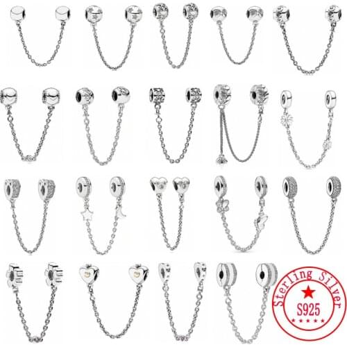 Sterling Silver S925 Transparent Sparkle Safety Chain Beads Fit Original Pandora Bracelet Pendant Ladies Jewelr