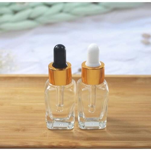 Empty Glass 15ml Clear Dropper Square Bbottle with Gold Lid