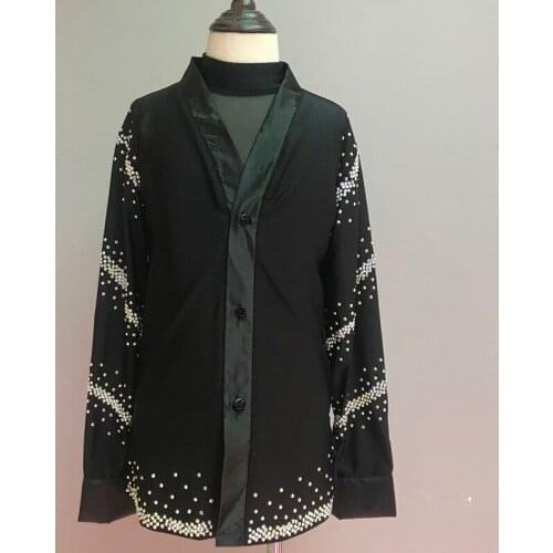 Latin Dance Shirts Child Shiny Rhinestone Jacket Mesh Vest Boys Cha Cha Rumba Samba Competition Performance Clothing DNV12897