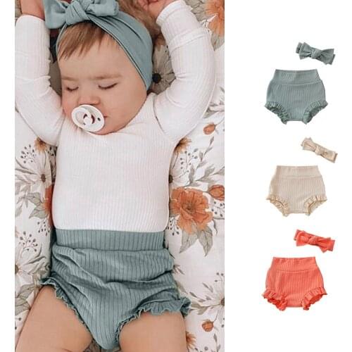 Summer Kids Boys Shorts Solid Color Baby Girl Shorts Cotton PP Pants With Hair Band Lace Bows Triangle Toddler Bottoms 6-24M