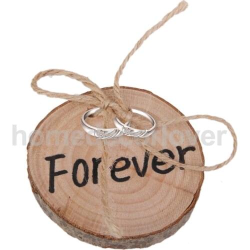 Forever Rustic Shabby Chic Wedding Wooden Ring Bearer Pillow Jute Rope Round