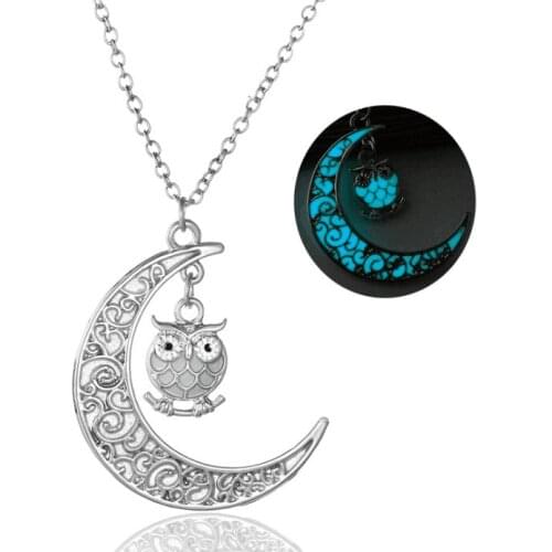 20pcs/lot Vintage Glow In The Dark Moon Necklace Jewelry Silver Color Owl Shaped Pendant Necklace For Gift