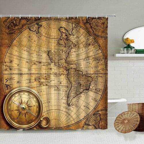Nautical World Map Compass Bathroom Waterproof Shower Curtain Retro Personality Creative Family Toilet With Hook Hanging Screen