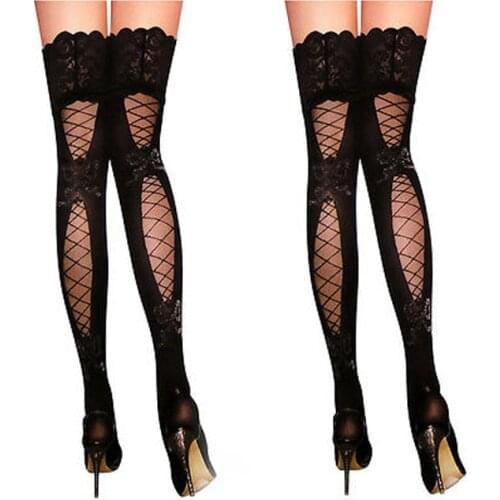 Meihuida Women Sexy Hot Stockings Bows Fishnet Mesh Lace Top Sheer High Silk Stockings Erotic Sex Costume Night Club Party Wear