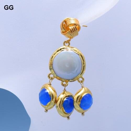 GuaiGuai Jewelry Natural Cultured White Coin Keshi Pearl Gold Plated Blue Cat eye Dangle Stud Earrings Handmade For Women