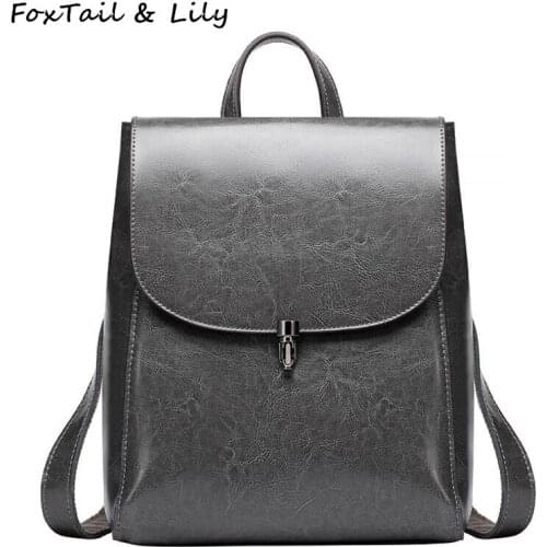 FoxTail & Lily Cowhide Split Leather Women Backpack Lock Design Vintage School Bag for Girls Casual Shoulder Bag Travel Backpack