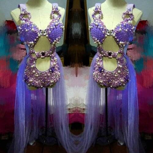 Purple Shell Pearl Crystals Bodysuit Three Piece Sets Shining Crystals Female Bodysuit Sexy Bar DJ Singer Dancing perIformance