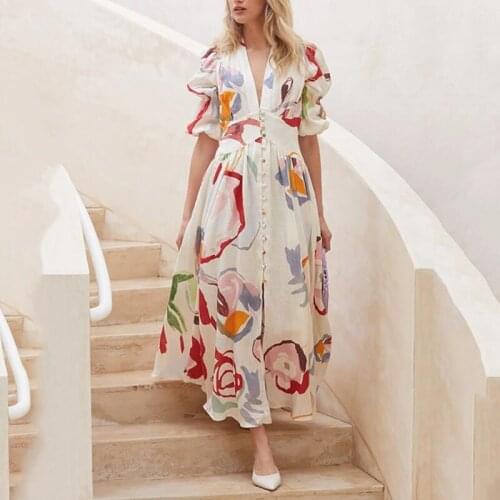 2021 Autumn Womens Dress V-Neck Temperament European American New Slim Chiffon Printed Long Summer Swing Beach Dresses Female
