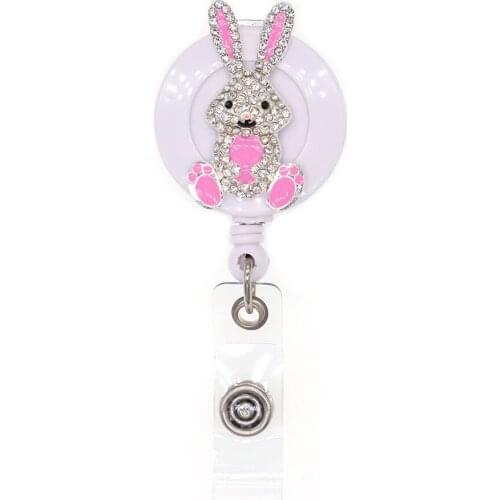 Free shipping Rhinestone enamel cute pink cartoon rabbit doctor/nurse Retractable ID Badge Holder reel for nurse accessories