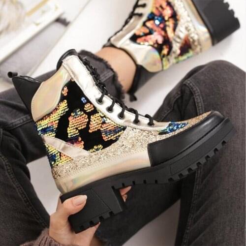 Women Ankle Boots Female Lace-up Bling Thick Bottom Non-Slip Short Boot Ladies Fashion Plus Size Autumn Outdoor Womens Shoes