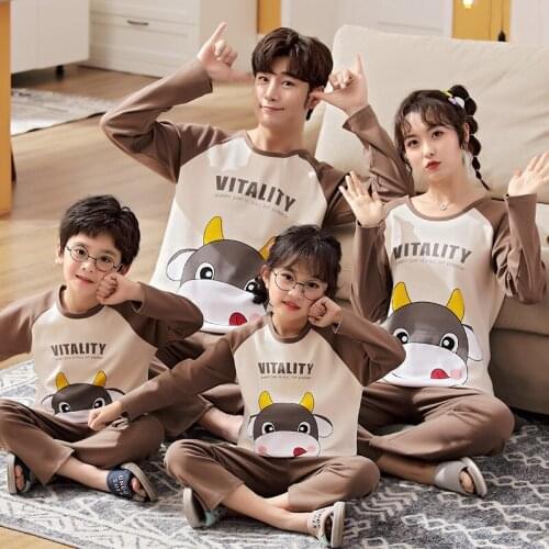 New Autumn Cute Cartoon Parent-Child Pajamas For Boys Girls Children Pure Cotton Long Sleeve Home Wear Kids Clothes Casual