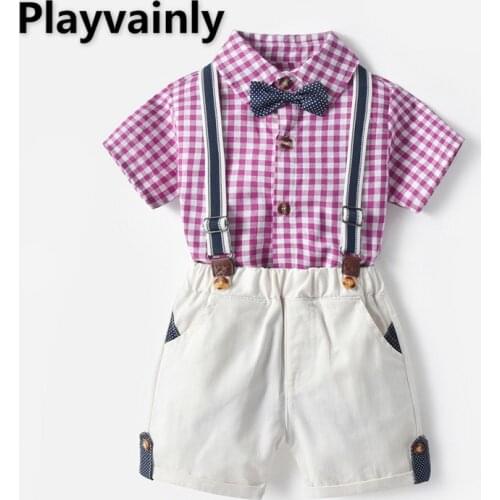 2021 Baby Boy Sets Purple plaid Short Sleeve Romper+ white overalls 2 Piece cotton Suit Boy Clothes E100146