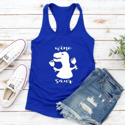 Women Raceback Dinosaur Drinking Tank Wino Saur 100% Cotton Tanks Funny Graphic Wine Lover Gift Tops