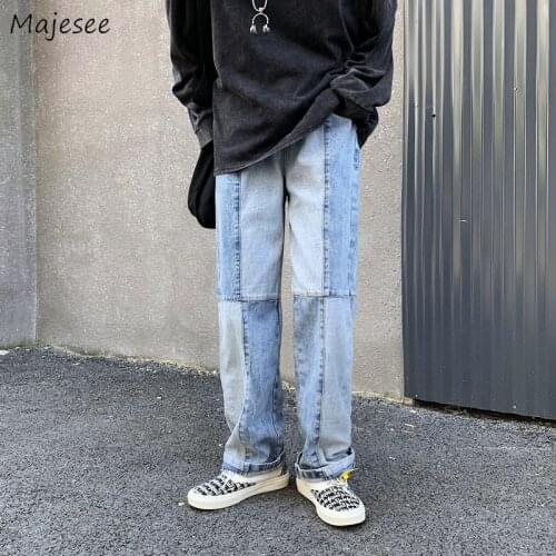 Men Jeans Patchwork Straight Wide Leg Loose Plus Size 3XL Streetwear Students Hip Hop Vintage All-match Fashion Casual Daily New