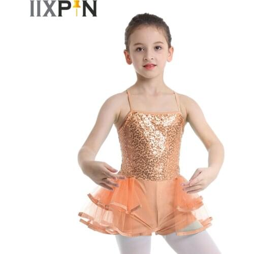 IIXPIN Girls Ballet Leotards Dress Spaghetti Shoulder Straps Shiny Sequins Tiered Mesh Ballet Dance Costume Leotard Jumpsuit Kid
