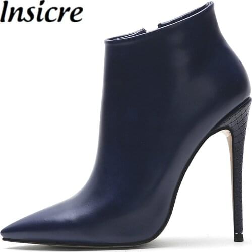 Insicre 2021 Classics Autumn Shoes Thin Heels Dark Blue Pointed Toe Women Ankle Boots Pu Leather Big Size 45 Zipper