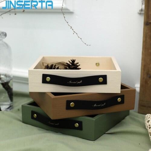 JINSERTA Wooden Storage Tray Jewelry Display Plate Coametic Organizer Home Desktop Sundries Decor Tray with PU Leather Handle