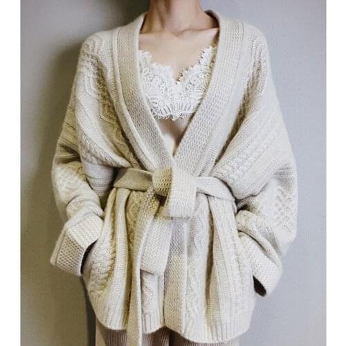 V-Neck Belt Cashmere Cardigan Women Tops Cashmere Sweater Elegant Loose 2021 Vintage Short Spring and Autumn Knit Jacket Female