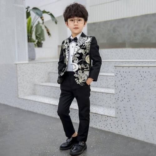 Childrens Performance Suit Autumn Winter Baby Boys Fashion Bronzing Formal Sets Kids Blazer Shirt Pants Tie 4pcs Set For Boy