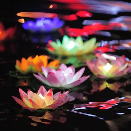 Colorful Changing LED Lotus Lamp Floating Water Wishing Lantern Artificial Silk Flower Candle Lights Free Shipping