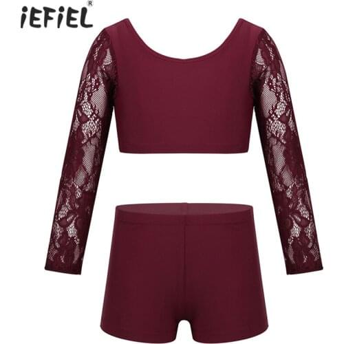 Kids Girls Two-Piece Latin Dancewear Outfit Girls Clothes Lace Long Sleeves Crop Top with Briefs for Dancing Stage Performance