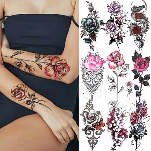Lotus Peony Red Rose Daisy Temporary Tattoos Butterfly Lace Body Art Printing Watercolor Tattoo Dragon Fake Tatoo Sticker