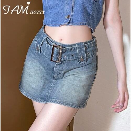 Metal Buckle Sashes Straight Mini Denim Skirt Women Casual Streetwear High Waist Short Skirt Korean Style Chic Punk 90s Iamhotty