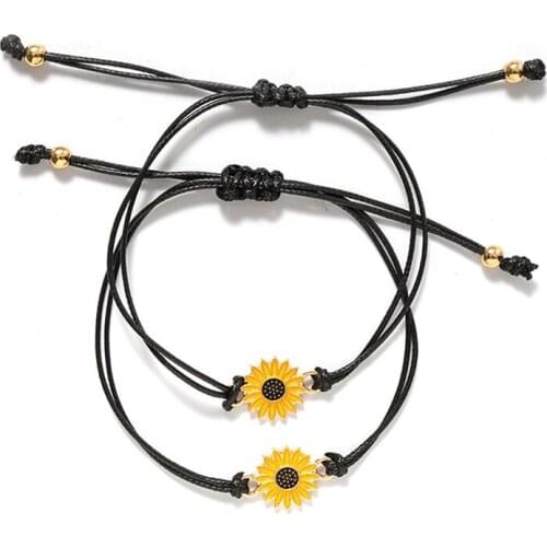 New Bohemian Sunflower Beaded Leather Rope Hand Woven Bracelet Women Sister Love Friendship Jewelry Accessories