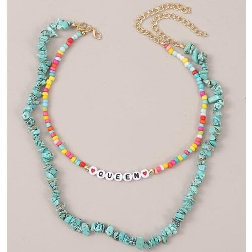 2Pcs/Set Boho Multicolor Beads Letter Queen Beaded Necklaces For Women Fashion Green Natural Stone Necklace Statement Jewelry