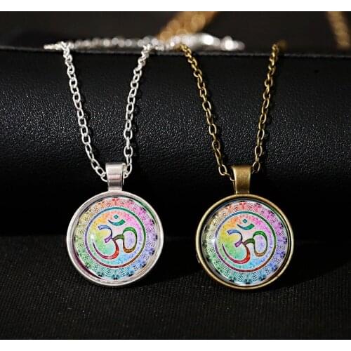 Ethnic Colorful Cabochon Pendant OM Flower Alloy Yoga Vintage Charm Silver Color Necklace Buddhist Jewelry