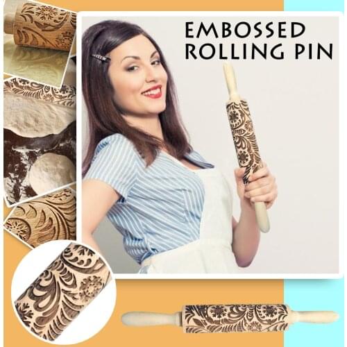 Embossed Rolling Pin Flowers and Plants Pattern Rrolling Pin With Design Beech Wooden Pressed Homemade Cookies Pastrys Baking