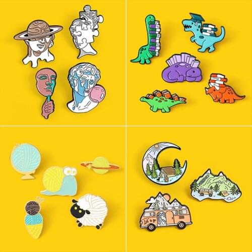 Cute Dinosaurs Statue Camping Ball of Yarn Enamel Pin Sheep Snail Ice Cream Dinosaur Books Art Sculpture Brooches Badge Jewelry